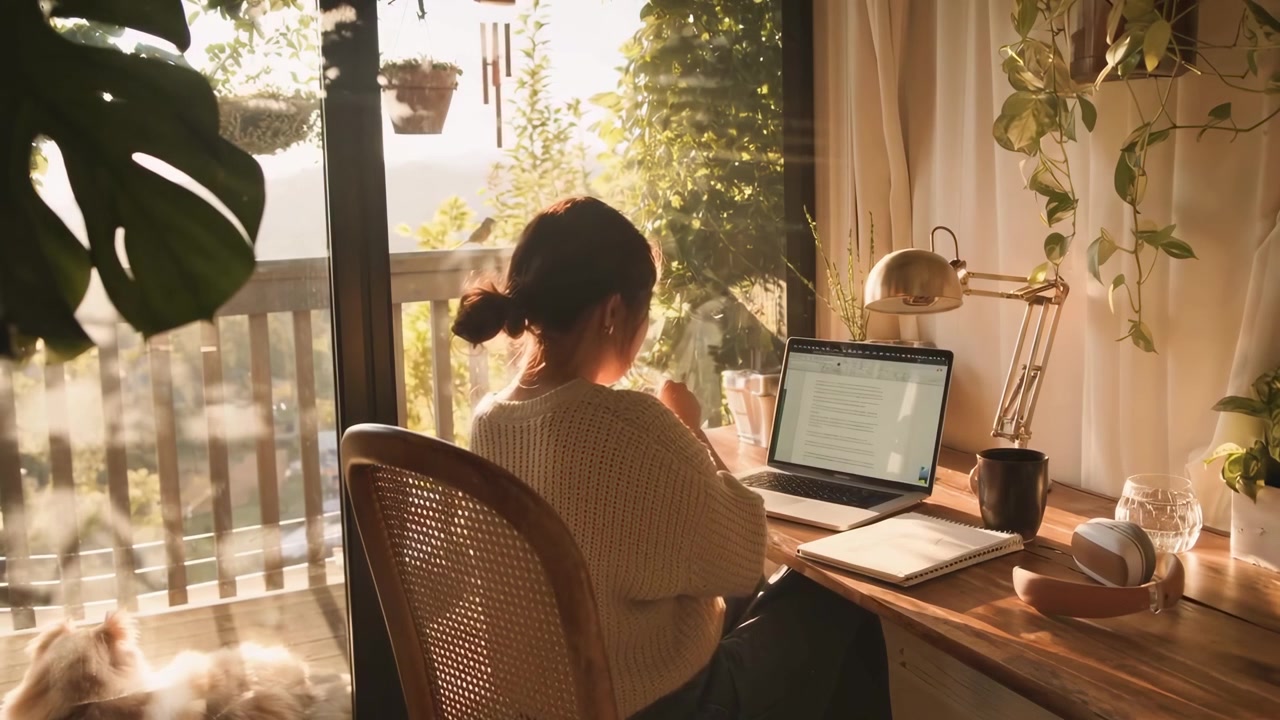 Young Woman Working on Laptop in Sunlit Home Office