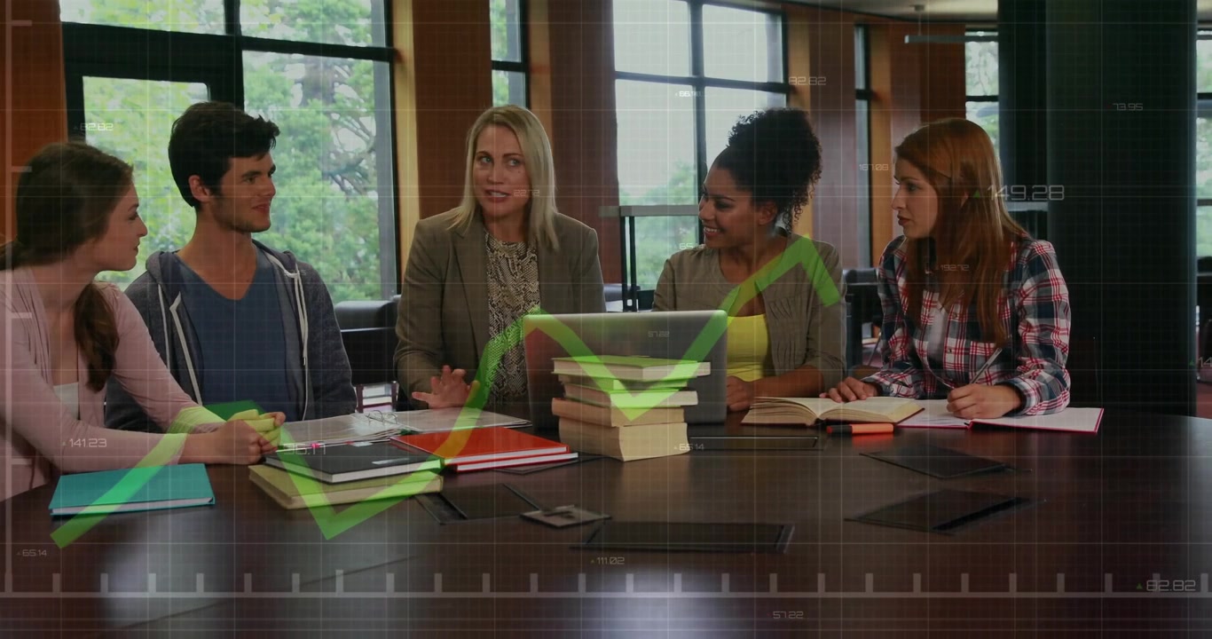 Facilitator speaking for consensus leading group nodding green checkmark marking items in academic