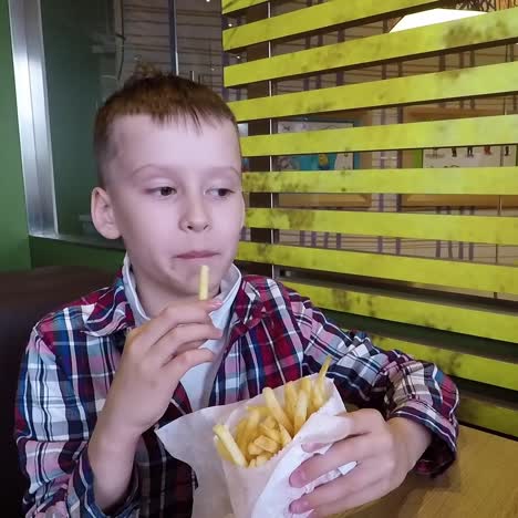 little boy eating french fries in cafe
