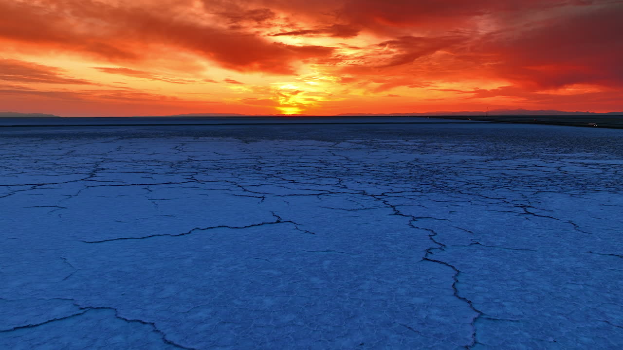 Burning red sky above the blue salty pan. Aerial perspective on Bonneville Salt Flats, Utah, United States at sunset time