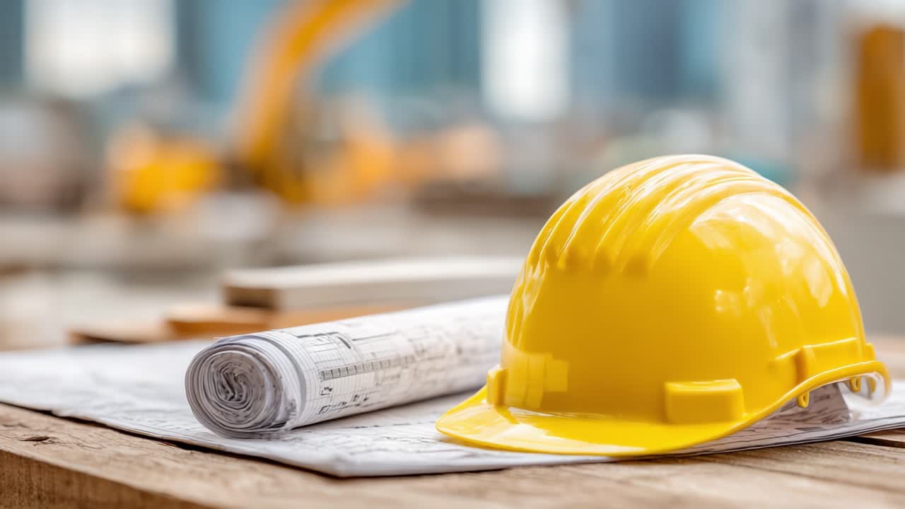 A Well-Prepared Worksite Displaying Essential Construction Safety Gear, Featuring a Bright Yellow Hard Hat and Detailed Blueprints on a Wooden Surface