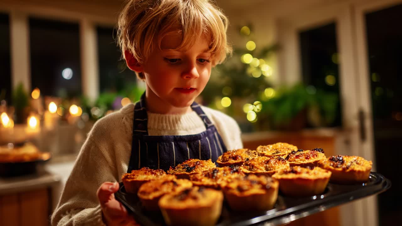 A Young Chef Proudly Presents a Rustic Tray of Deliciously Baked Pastries, Capturing the Joy of Cooking with Family in a Cozy Kitchen Filled with Warm Lights and Extras