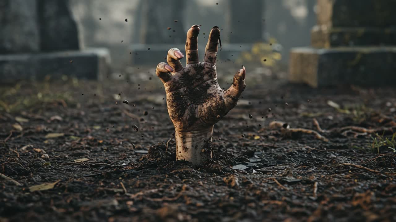 An eerie, haunting scene of a hand emerging from the dark, damp earth, evoking feelings of dread and curiosity in a mysterious graveyard setting