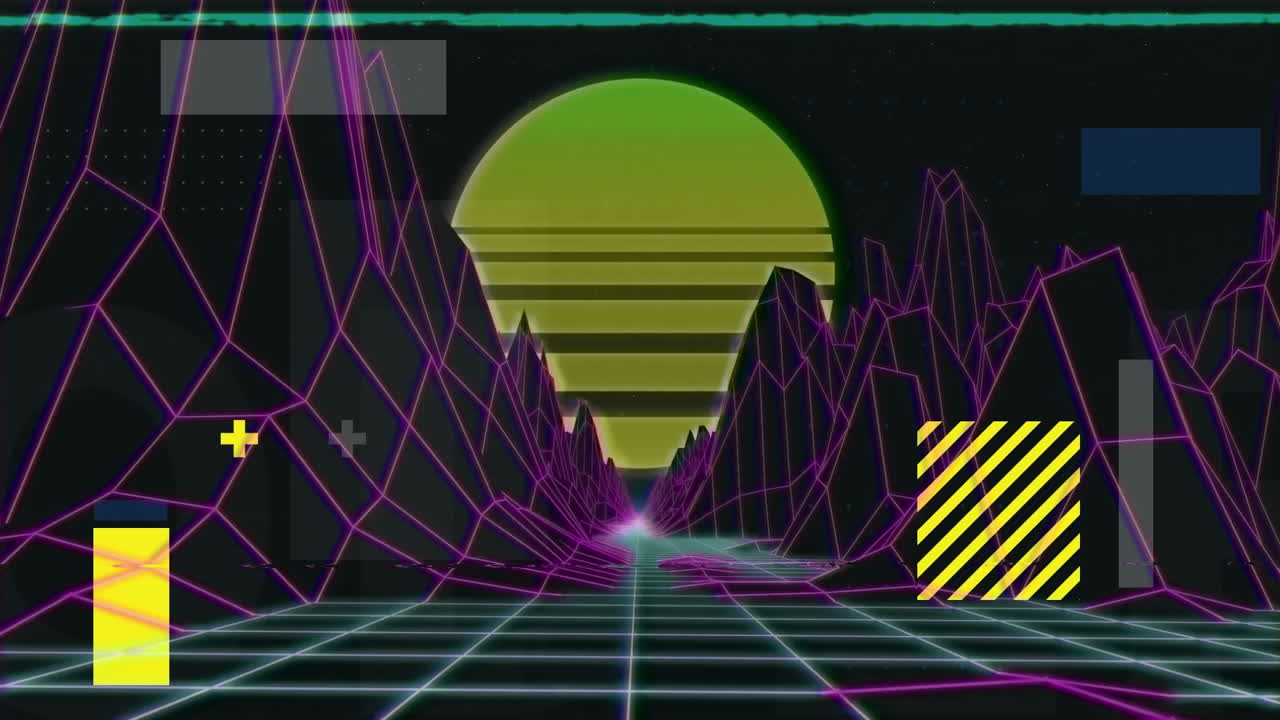 animación de cruz amarilla y bloques que distorsionan el paisaje de la cuadrícula púrpura y el sol naciente en negro