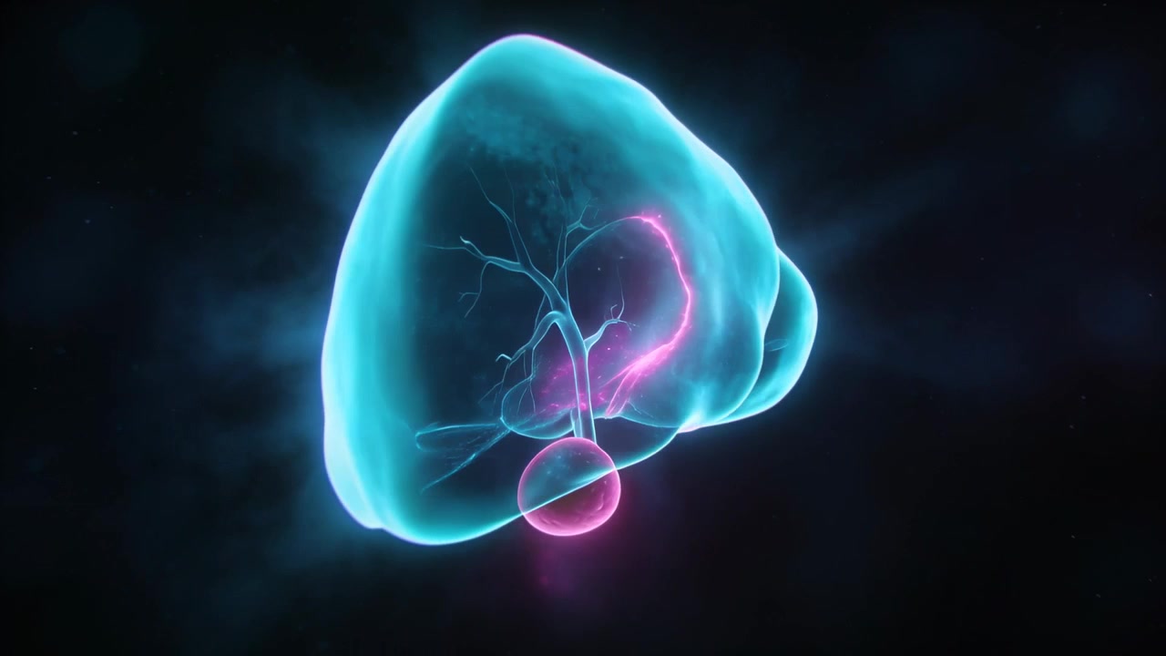 Rotating cyan liver on start, showing glowing bile ducts and gallbladder in studio for anatomy