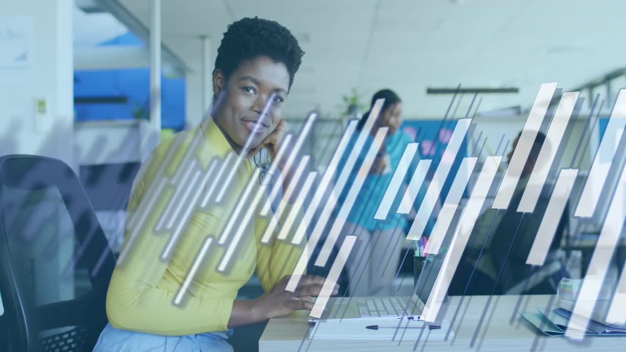 Animation of data processing against portrait of african american woman smiling at office