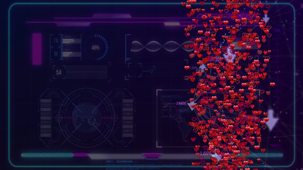 Red heart animation cascading over digital data interface elements
