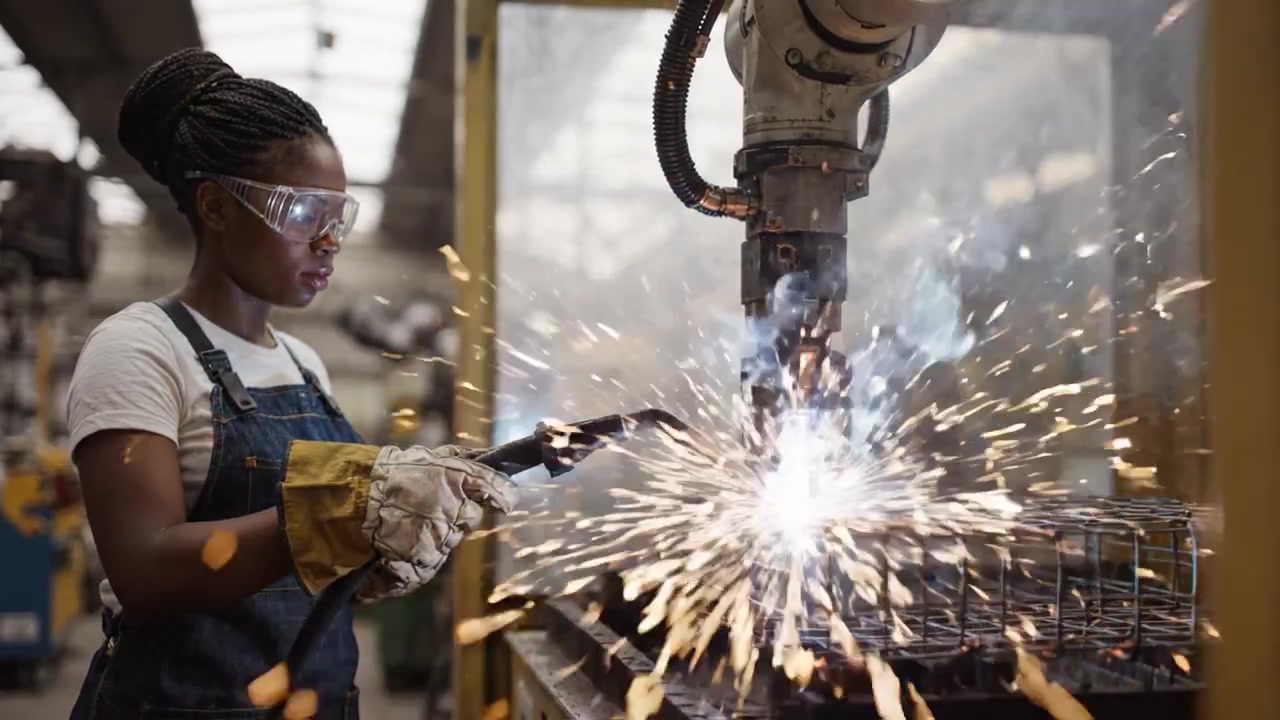 A Skilled Worker Maneuvering a Robotic Welding Arm in an Industrial Setting, Creating Sparks and Heat While Engaging in Manufacturing Processes