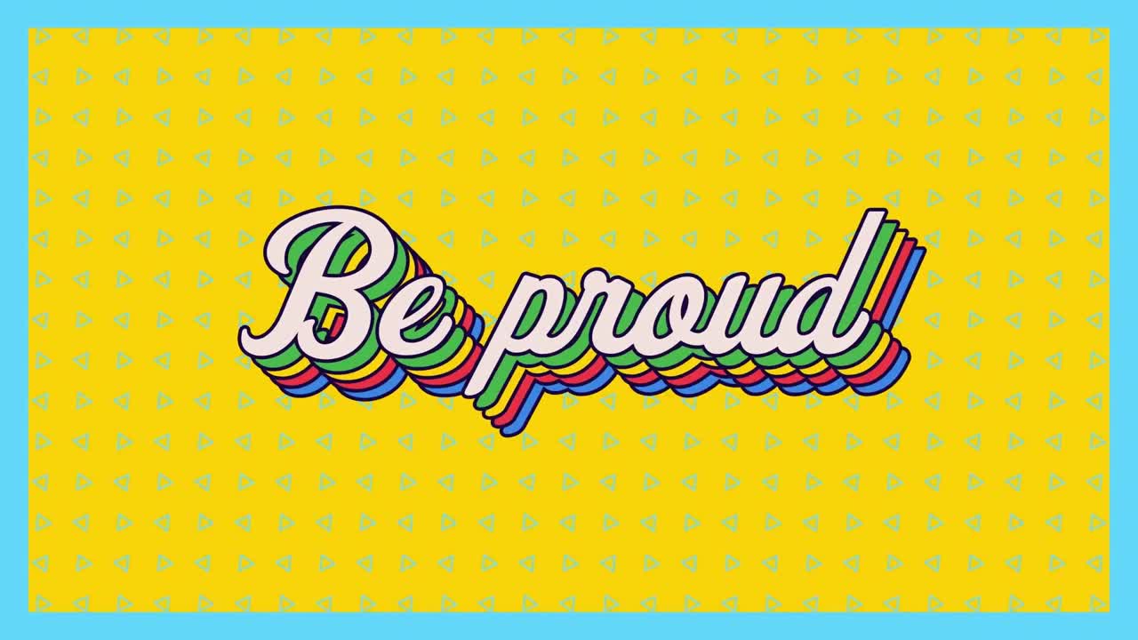 노란색 배경에서 움직이는 초록색 모양 위에 자랑스러운 텍스트의 애니메이션