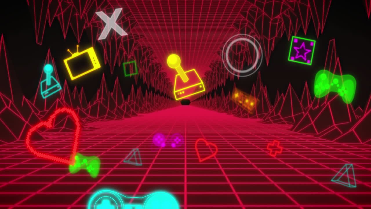 검은색 배경에 빛나는 빨간색 그리드 풍경 위에 다채로운 게임 및 미디어 아이콘의 애니메이션