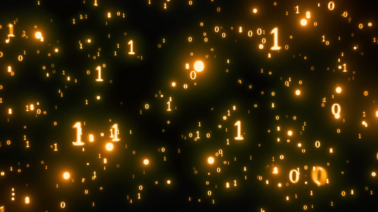 이진 코드 1과 0이 카메라를 향해 날아가고, 빛나는 사이버 공간 배경