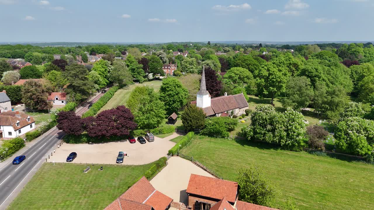 All Saints' Church, Stock, Essex UK Panning drone aerial