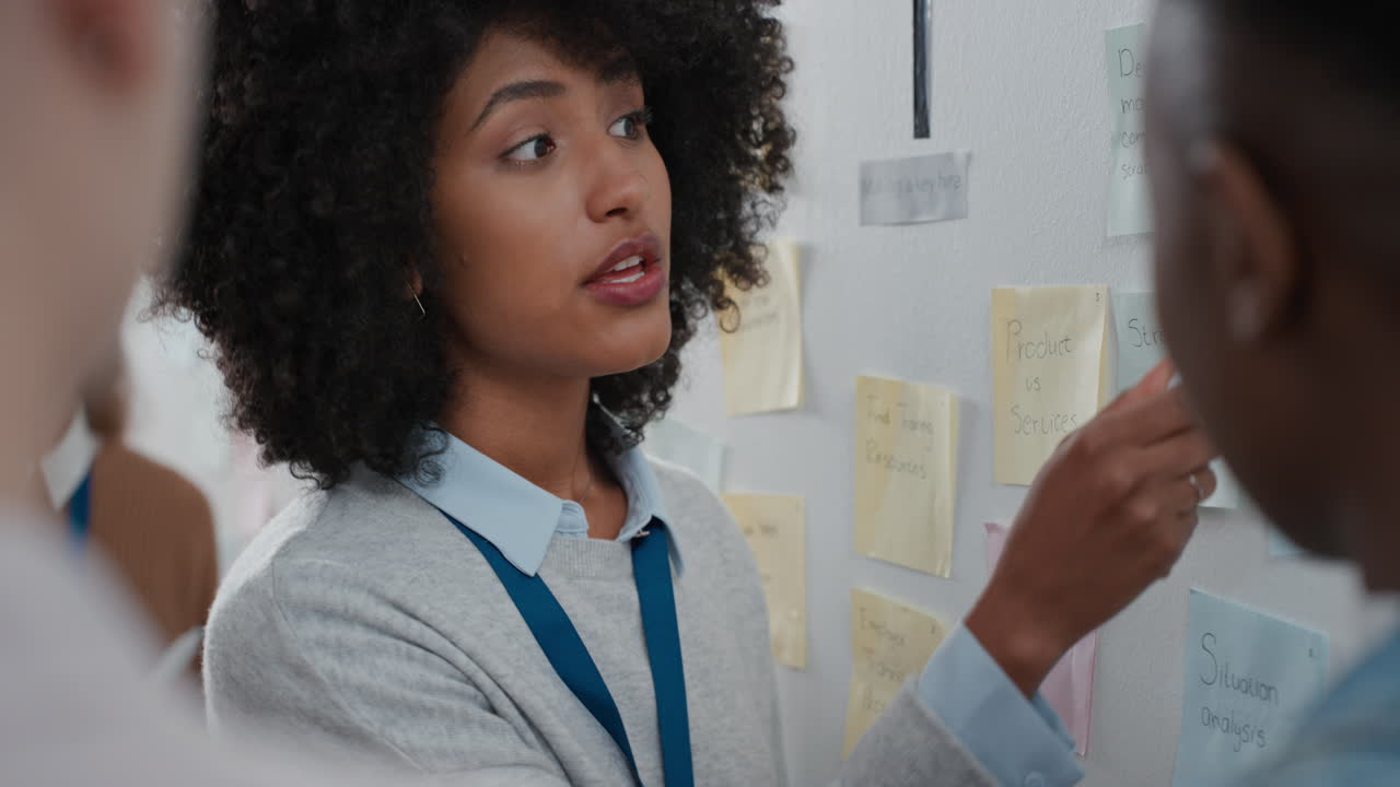 business woman team leader using sticky notes brainstorming with colleagues in meeting sharing creative problem solving ideas for solution enjoying teamwork in startup office