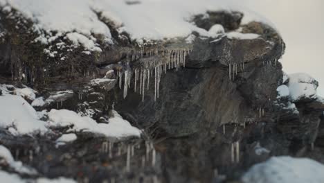 delgados carámbanos frágiles cuelgan de las piedras cubiertas de nieve
