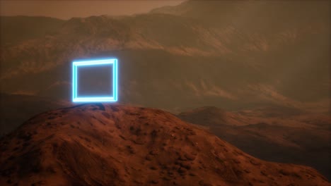 portal de neón en la superficie del planeta marte con el soplo de polvo