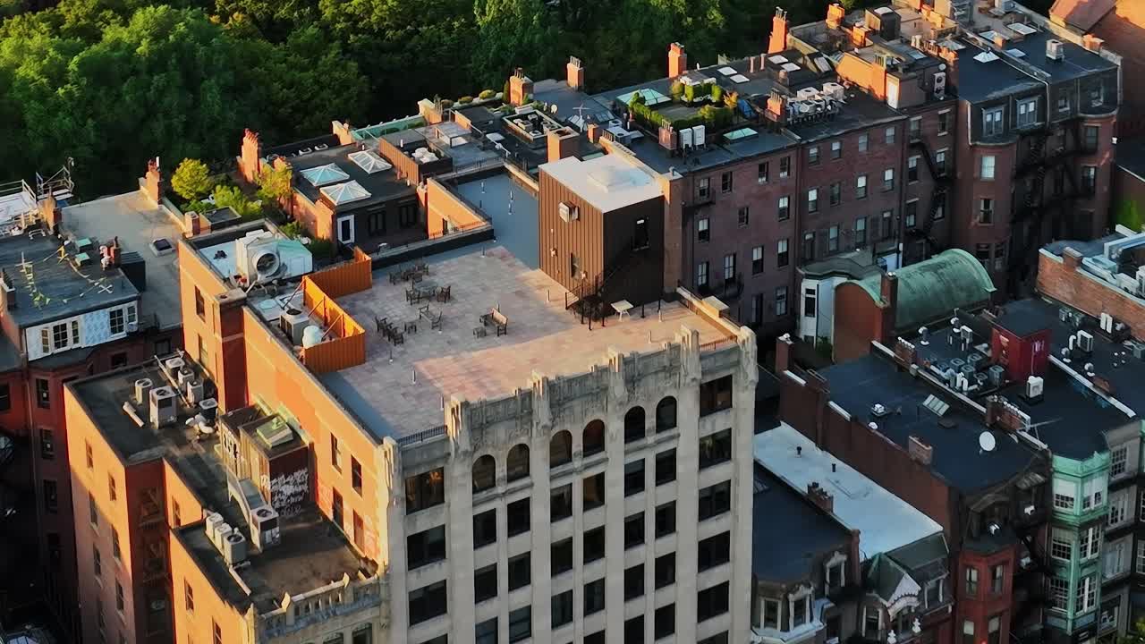 View of buildings in a city taken from above in the USA