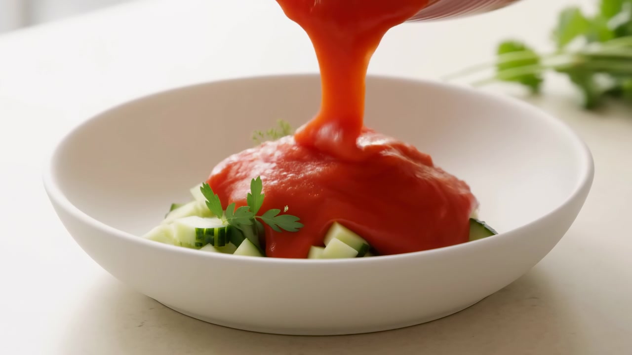 Tomatensauce gießt über gewürfelte Gurken in weißer Schüssel mit Petersiliengarnitur, Makroaufnahme in heller, minimalistischer Küche