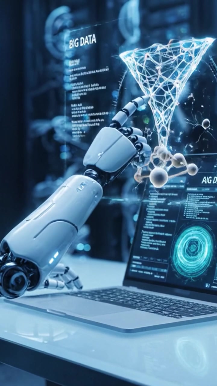 A Futuristic Workspace Featuring Advanced Robotics and Data Technology: Exploring Artificial Intelligence through Big Data Visualization and Seamless Interaction