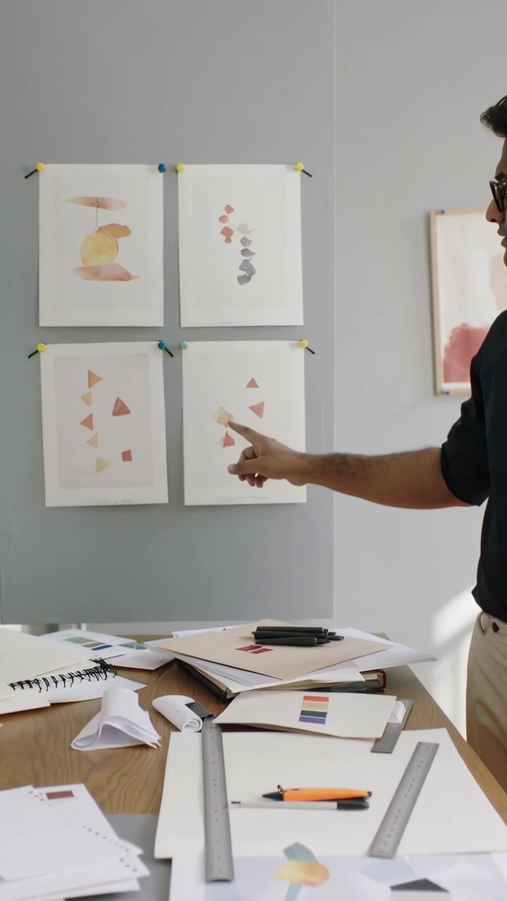 Video verticale: Uomo con maglia scura che indica, mentre guarda stampe 2x2 in studio e controlla schizzi, con spazio per il testo
