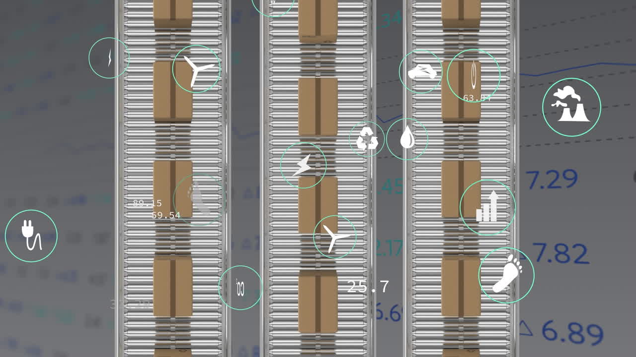 Animation of eco icons and data processing over cardboard boxes on conveyor belts