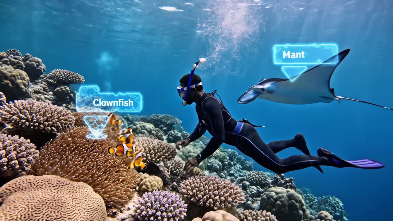 Diver encounters clownfish and manta ray in coral reef