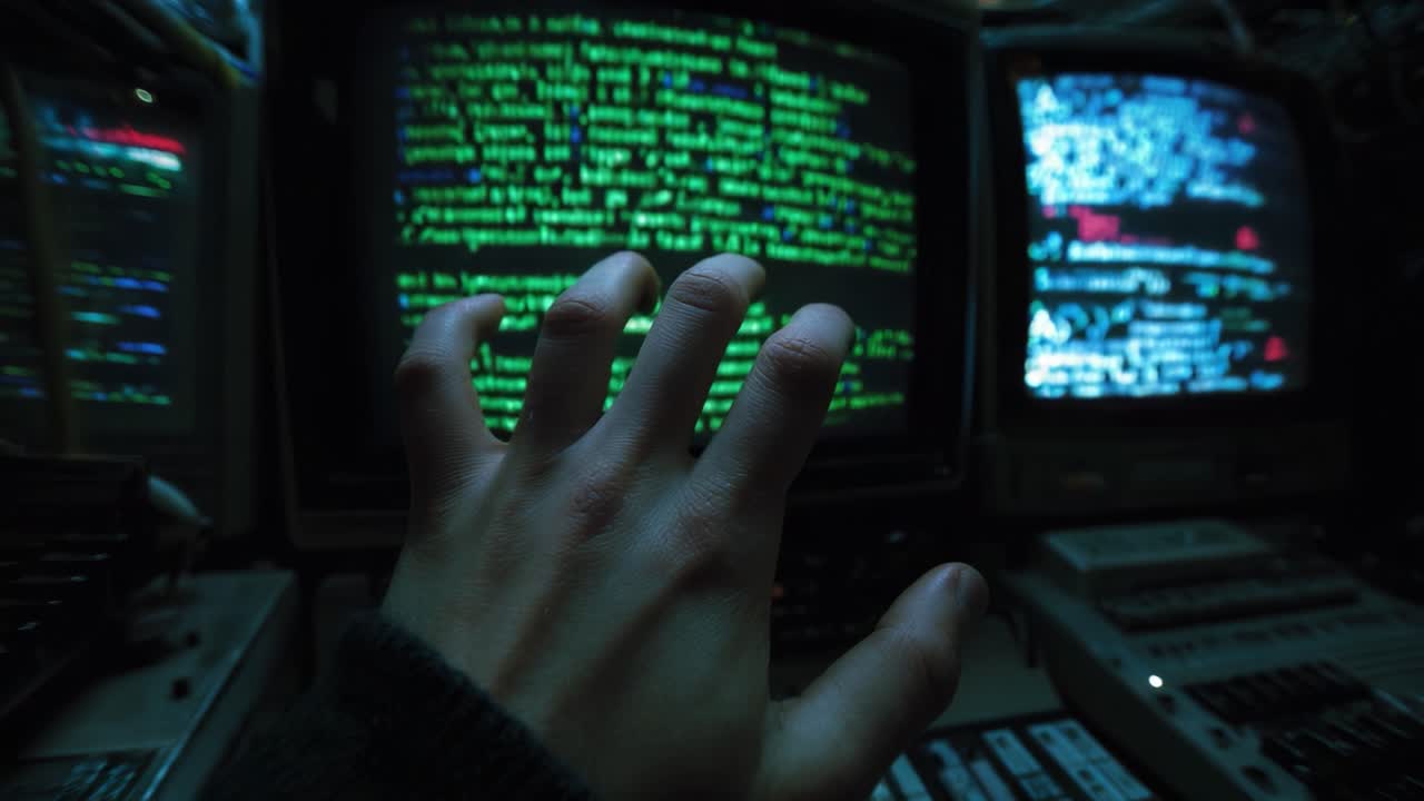 An Engaging Glimpse into the World of Coding: A Hand Reaches Towards Glowing Text on Vintage Monitors, Capturing a Moment of Interaction with Technology and the Digital Landscape of Programming