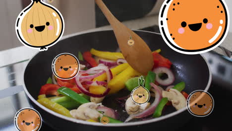 animación de iconos de verduras sobre una mujer caucásica cocinando verduras