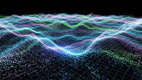 a dynamic visualization of colorful waveforms representing data patterns in a 3d space environment, captured in two distinct frames