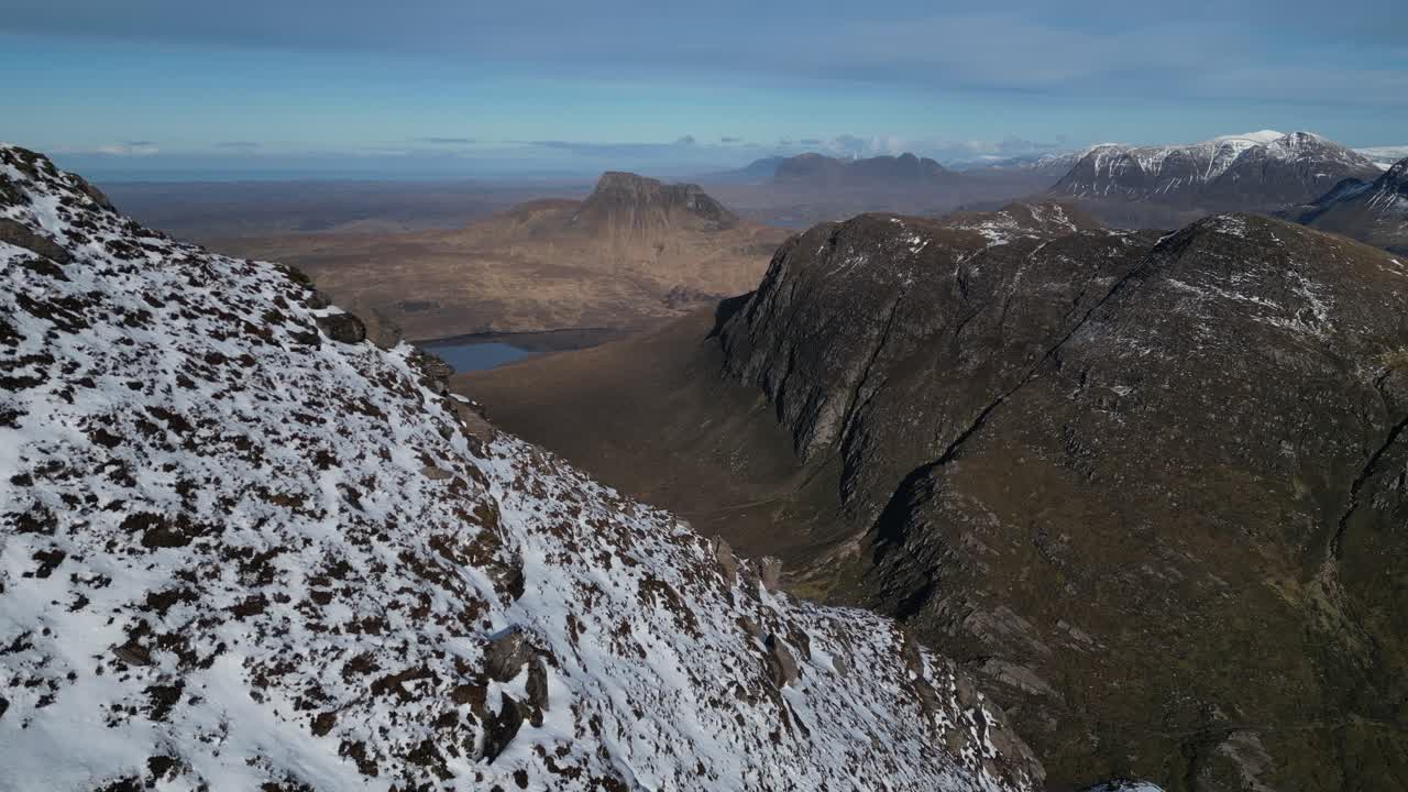 Aerial mountains of Coigach, Scotland, seen from Sgurr an Fhidhleir, Highlands, Scotland