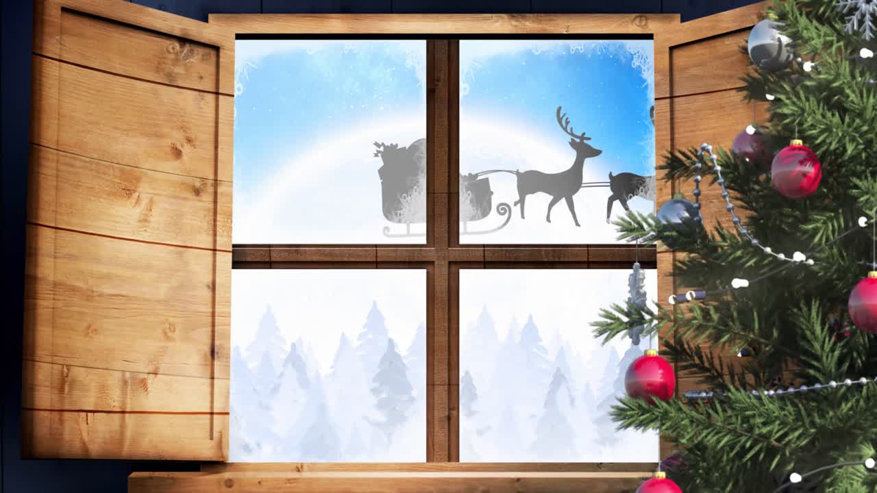 Digital animation of christmas tree and wooden window frame against black silhouette of santa claus