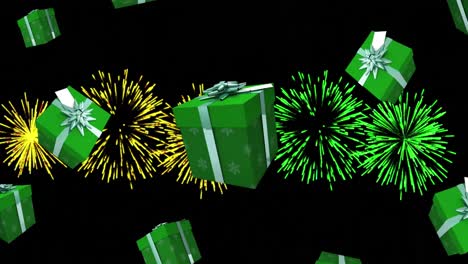 Animation-Grüner-Weihnachtsgeschenke,-Die-Fallen,-Während-Gelbe-Und-Grüne-Feuerwerkskörper-Am-Nachthimmel-Explodieren