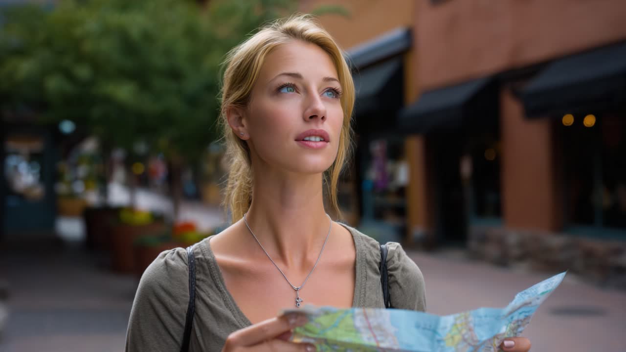 Esplorando la città: una giovane donna con una mappa guarda verso l'alto, vivendo l'avventura di scoprire nuovi luoghi e nuove esperienze in un ambiente urbano affascinante