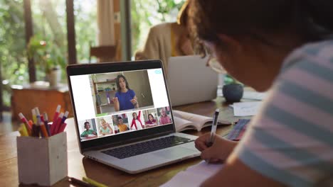 Girl-doing-homework-and-having-a-video-conference-with-teacher-and-classmates-on-laptop-at-home