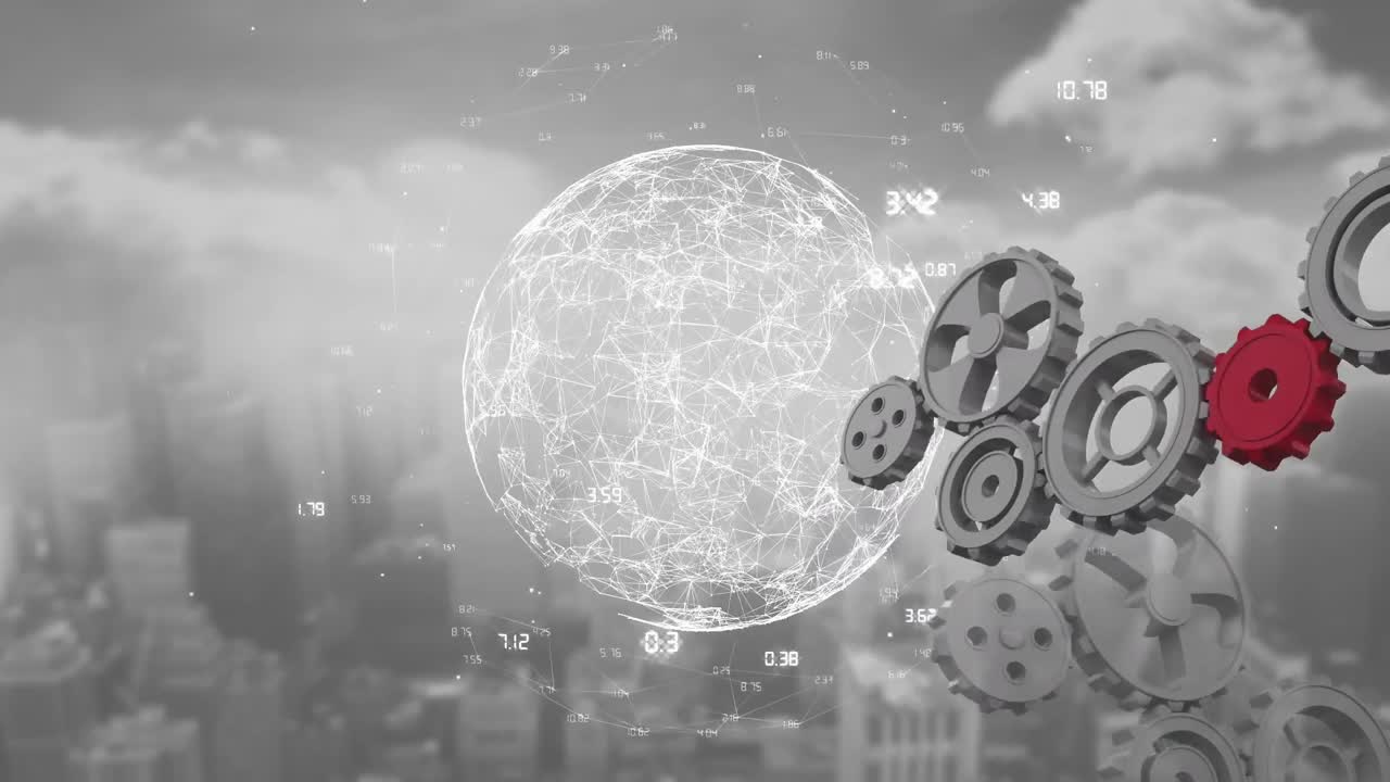 вращающаяся глобус с сетью передачи данных и соединения с вращающимися колесами