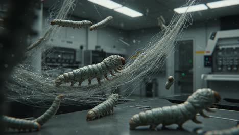 intriguing scene of interacting caterpillars and silk threads in a laboratory environment, showcasing unique biological interactions and research potential