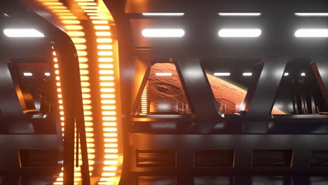 sci-fi tunnel in outer space with neon light. planet mars outside the window of the spaceship. space technology concept. 3d animation of a seamless loop