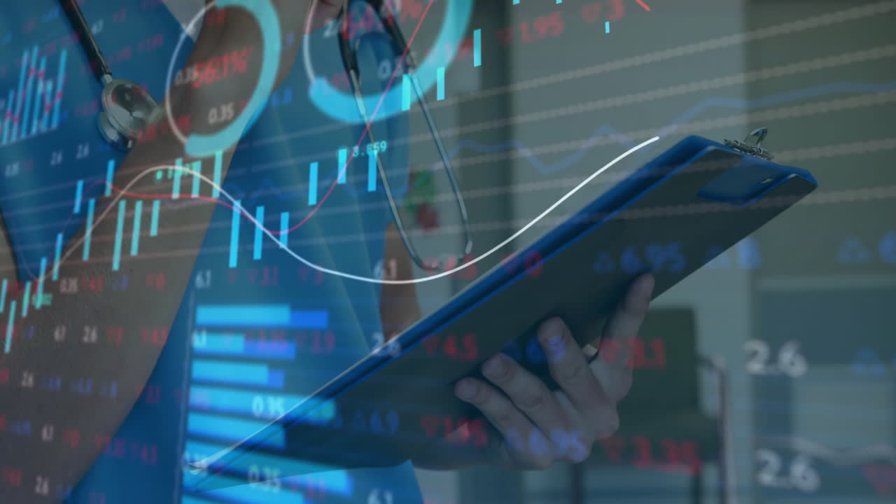 Animation of financial data processing over caucasian female doctor with clipboard