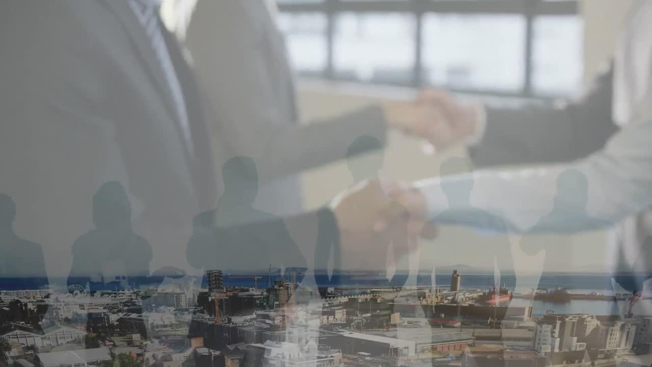 animación de un hombre de negocios apretando la mano sobre el paisaje urbano