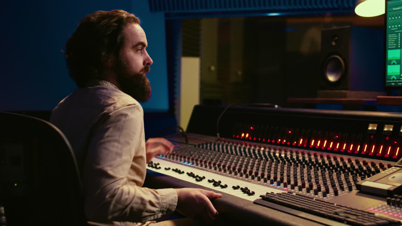 음악 프로듀서가 증폭기 또는 오디오 압축기 내부에 인 케이블을 고정합니다.