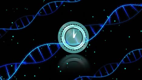 Animation-Einer-Uhr,-Die-Sich-über-DNA-Stränge-Auf-Schwarzem-Hintergrund-Bewegt