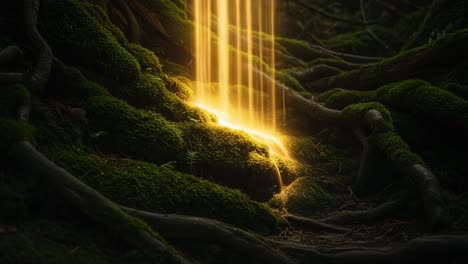 Enchanting Streams of Light Flowing Through Lush Forest Moss and Twisting Roots, Creating a Mystical Atmosphere in a Serene Natural Environment