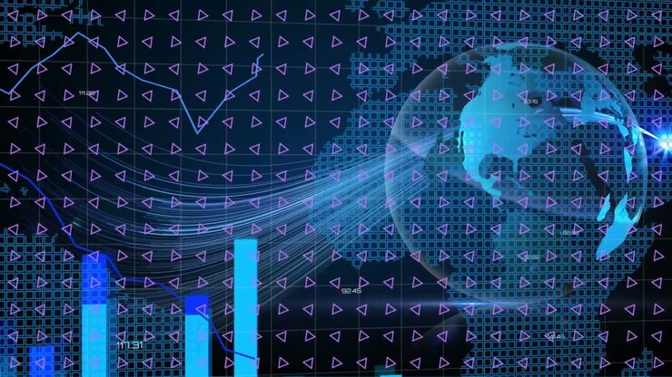 Animation of financial data processing with statistics over globe
