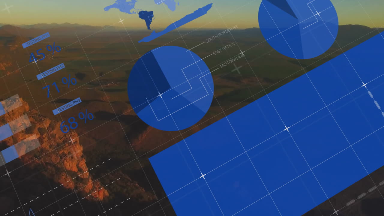 animación de visualización de datos sobre vista aérea del paisaje con montañas