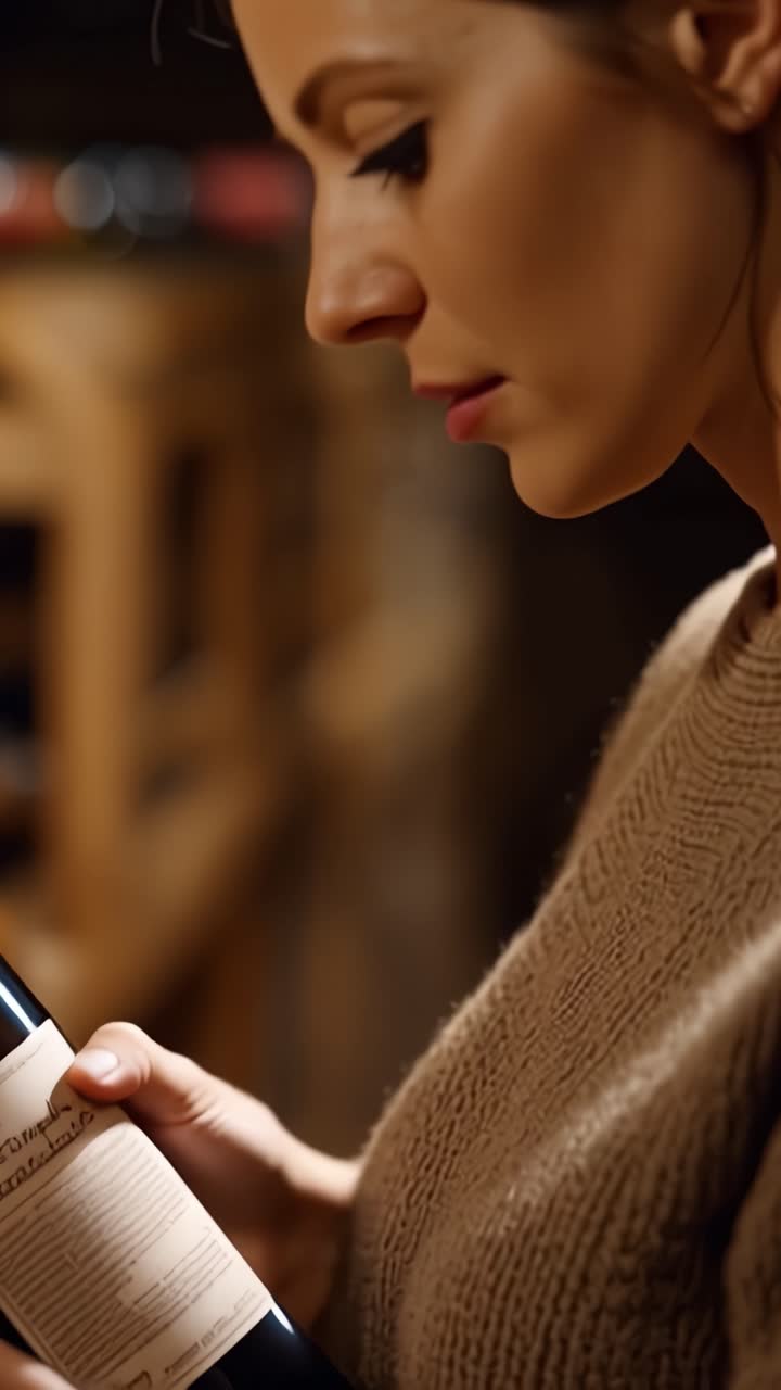 A woman examines a wine bottle closely, appreciating its label and qualities in a cozy, intimate setting that highlights her focused attention on the details