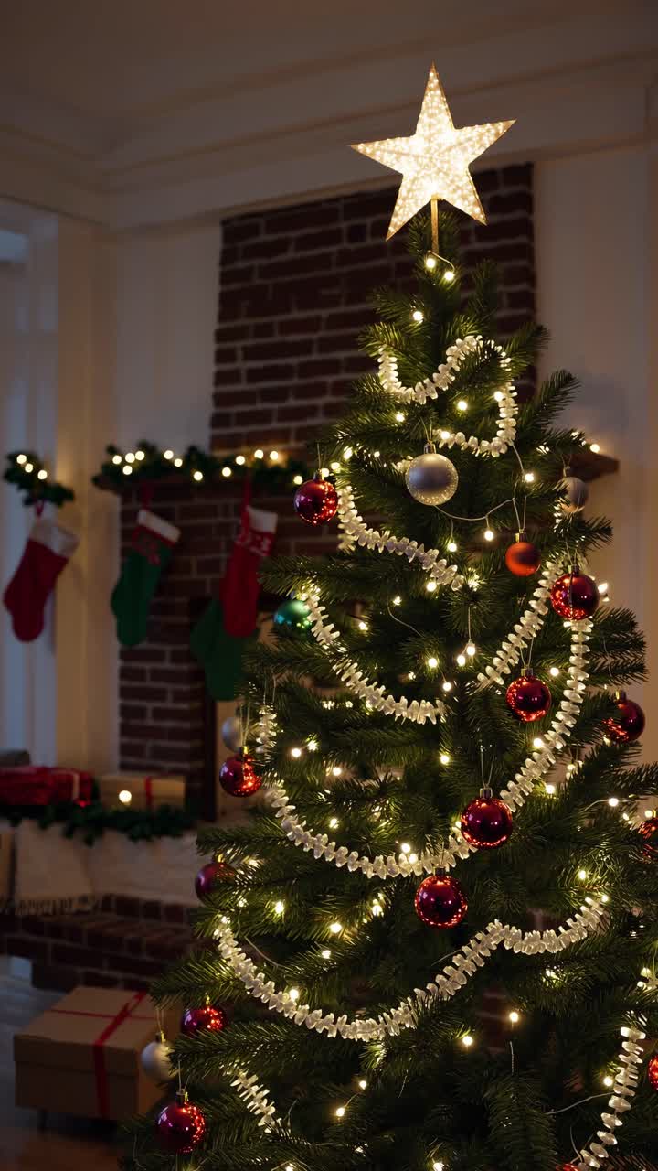 Festive Christmas tree adorned with lights and ornaments, shot from a low angle