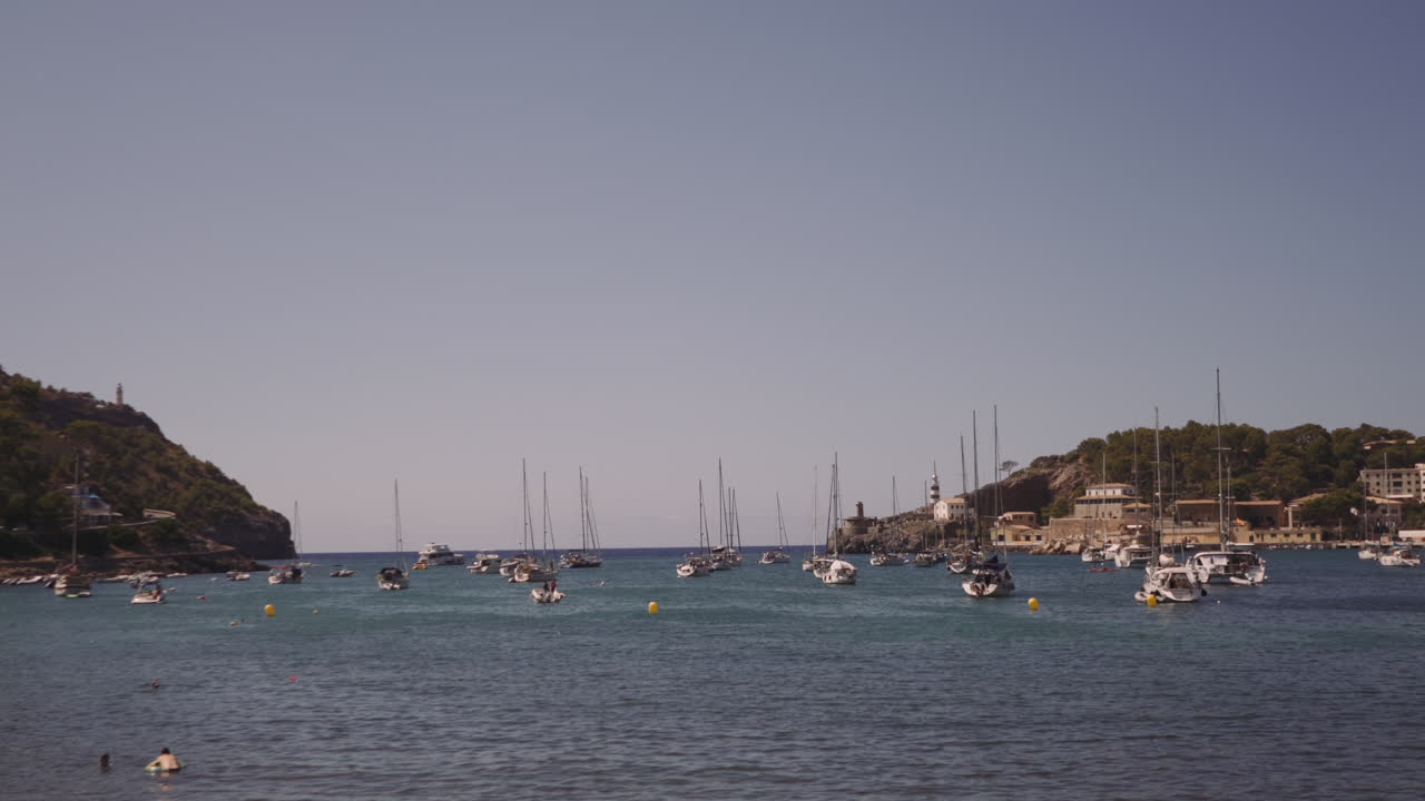 Boats and yachts in port of Soller Mallorca on a sunny day