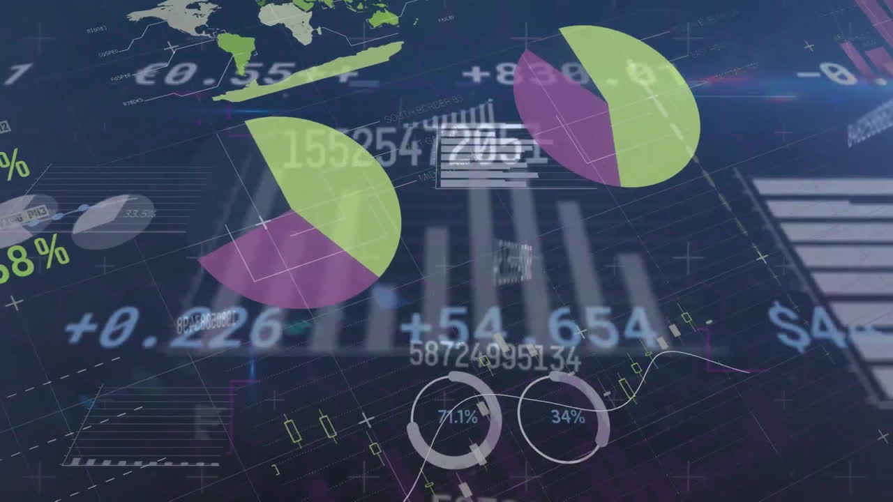 Animation of processing data over charts and graphs on dark background