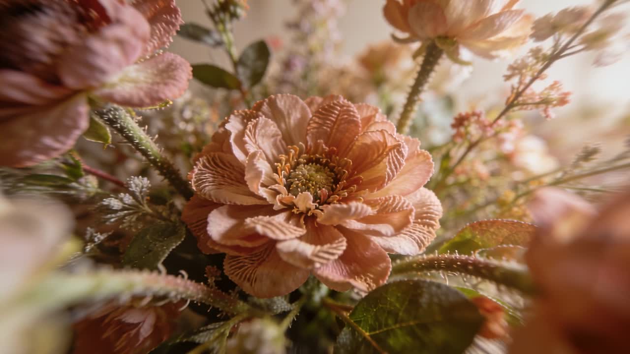 Telecamera in avvicinamento, che mette a fuoco sempre più un fiore di pesco in studio, rivelandone gli steli.