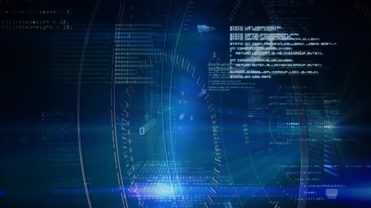 Animation of data processing and binary coding over blue background