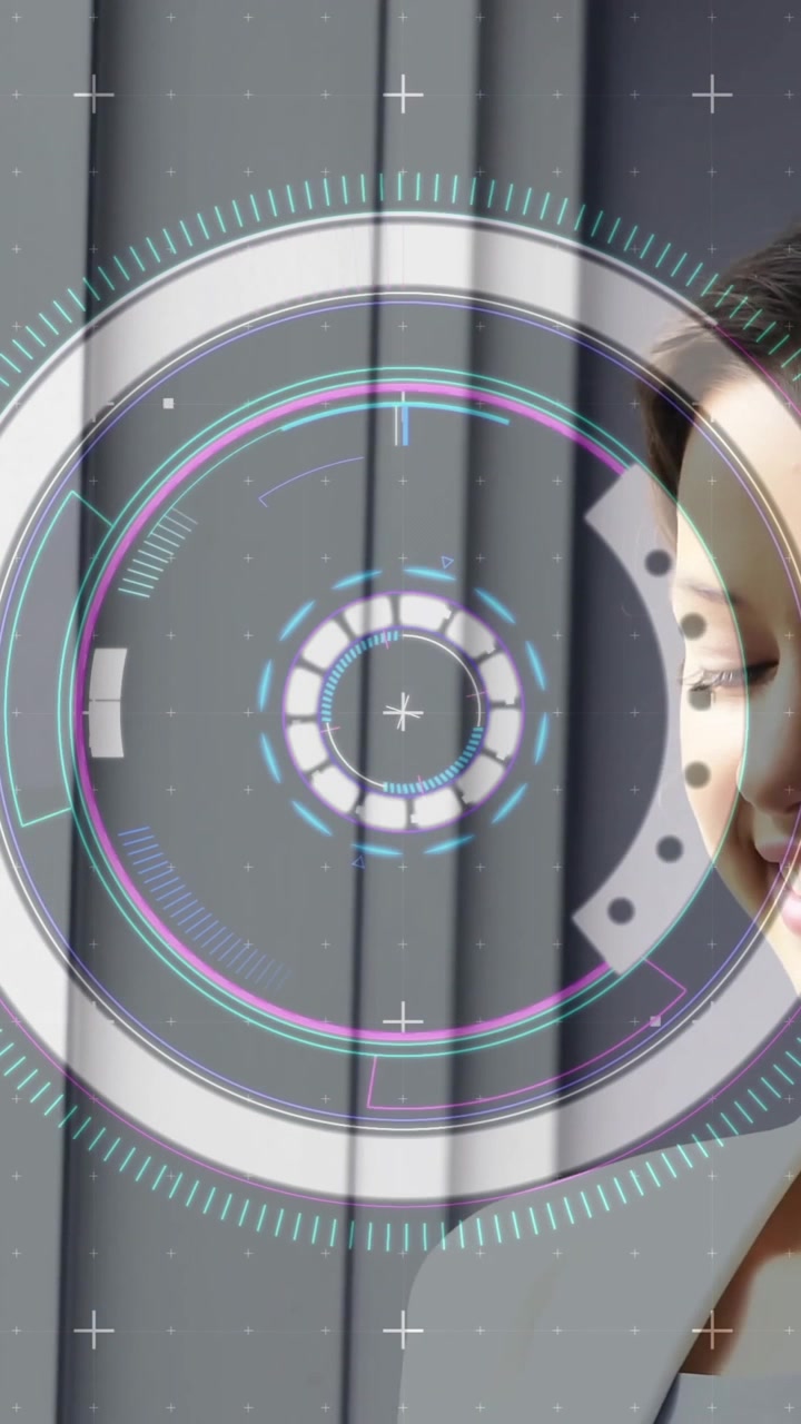 Animation of data processing and scope scanning over caucasian woman using smartphone